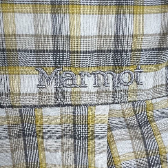 Marmot Mens Organic Cotton Gray Yellow Plaid Short Sleeve Button Up Shirt Medium - Picture 4 of 5